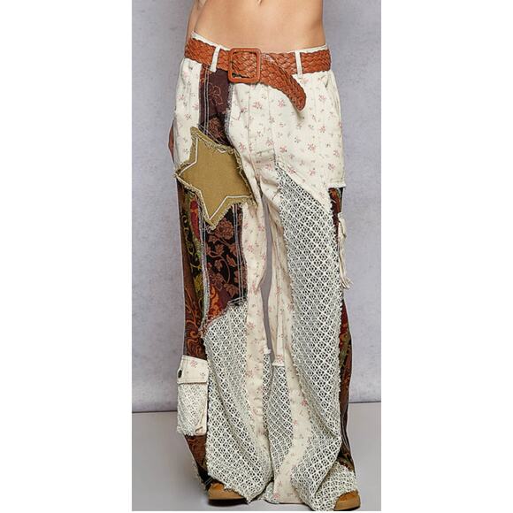 Pol Printed Patchworkm Floral Cream Woven Twill Pants NEW - Picture 1 of 3